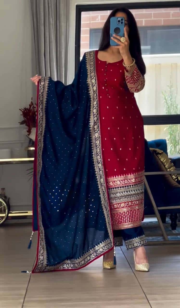 Faux georgette mirror work kurta sets