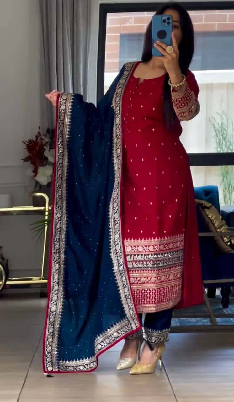 Faux georgette mirror work kurta sets