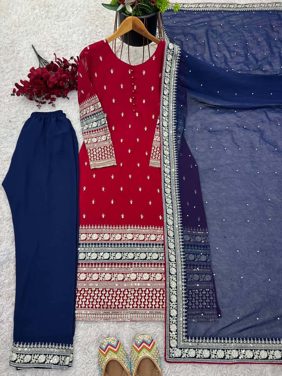 Faux georgette mirror work kurta sets