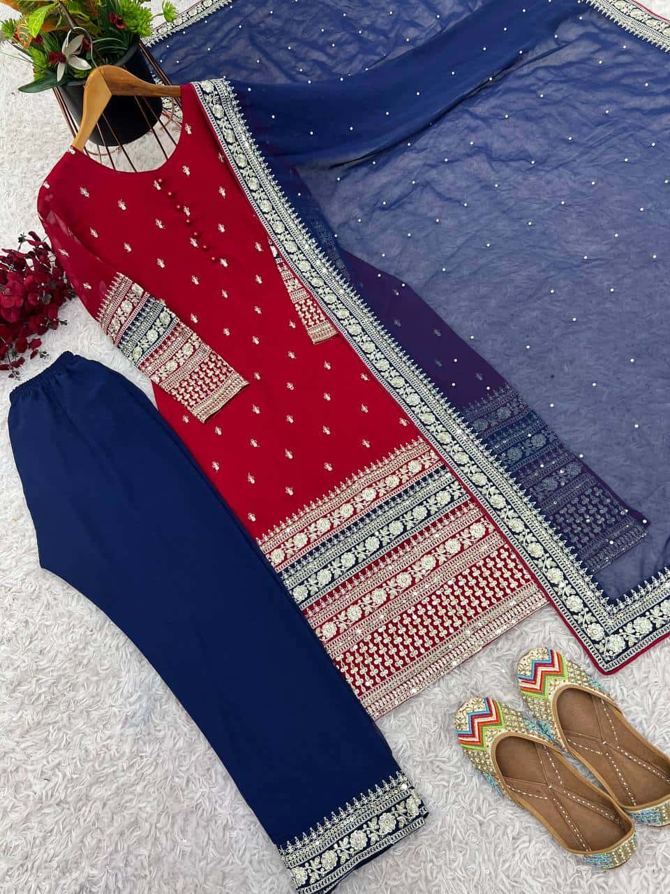 Faux georgette mirror work kurta sets