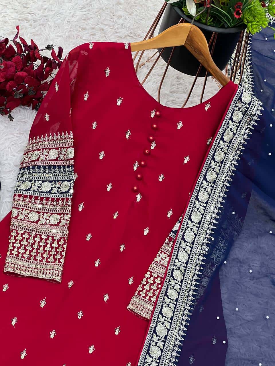 Faux georgette mirror work kurta sets