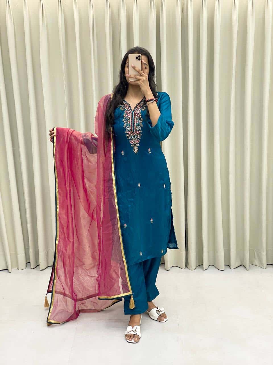 Silk kurta pant with net dupatta sets