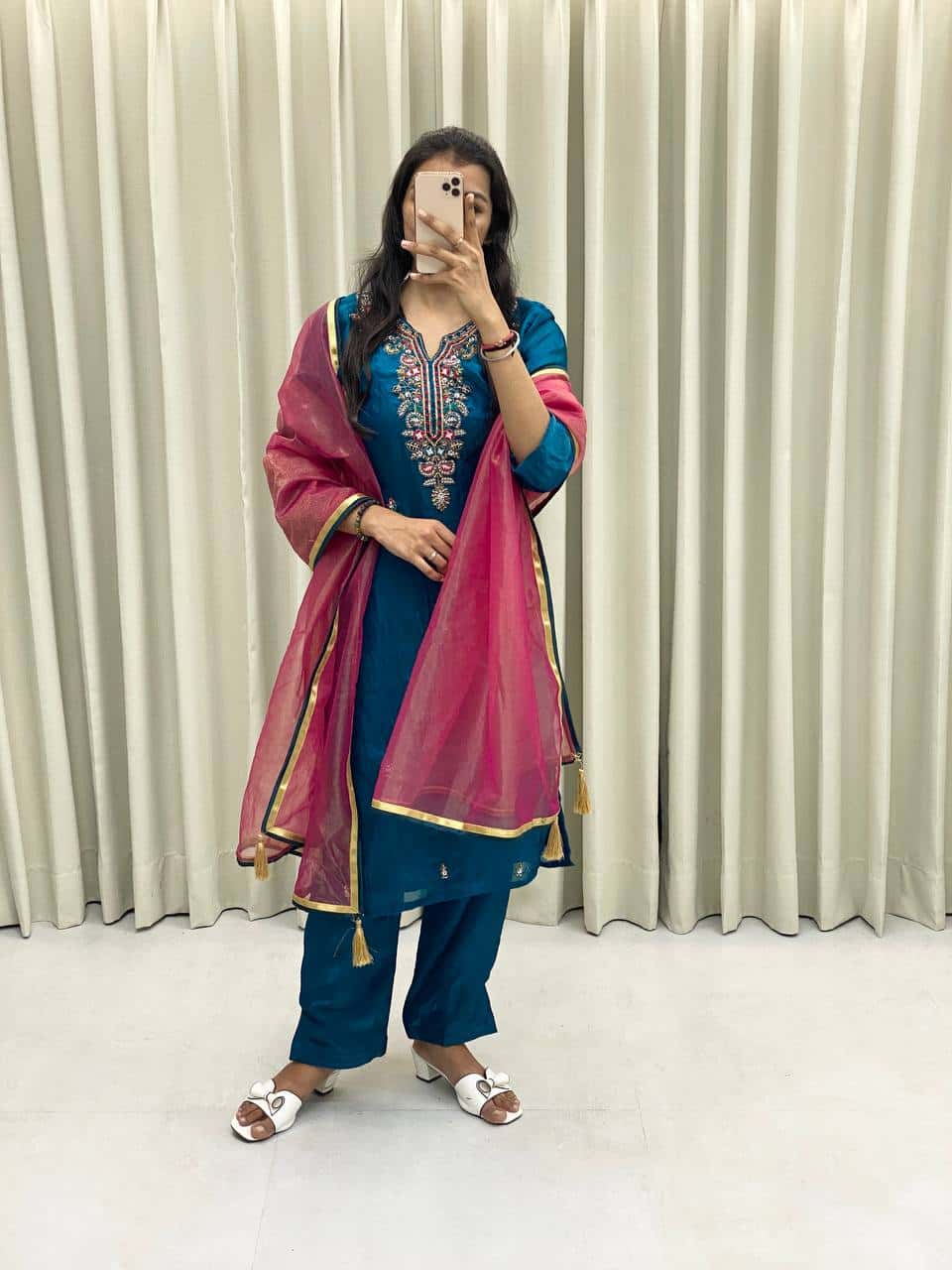 Silk kurta pant with net dupatta sets