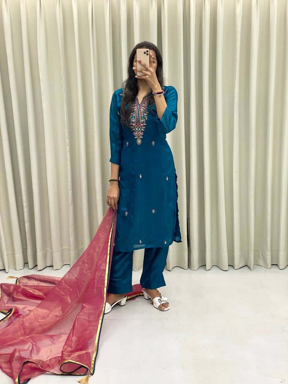 Silk kurta pant with net dupatta sets