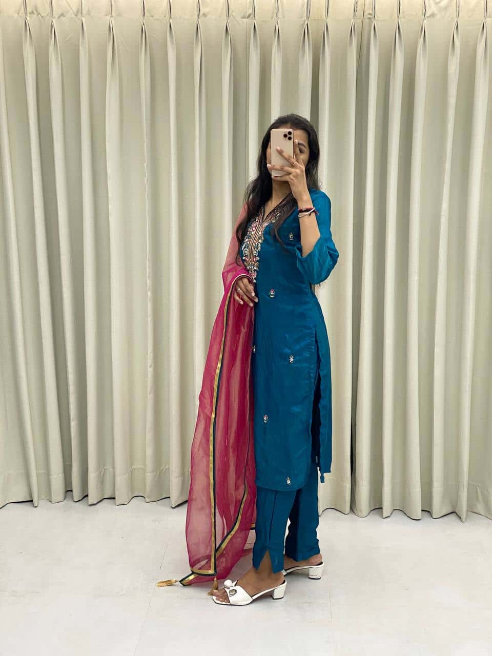 Silk kurta pant with net dupatta sets