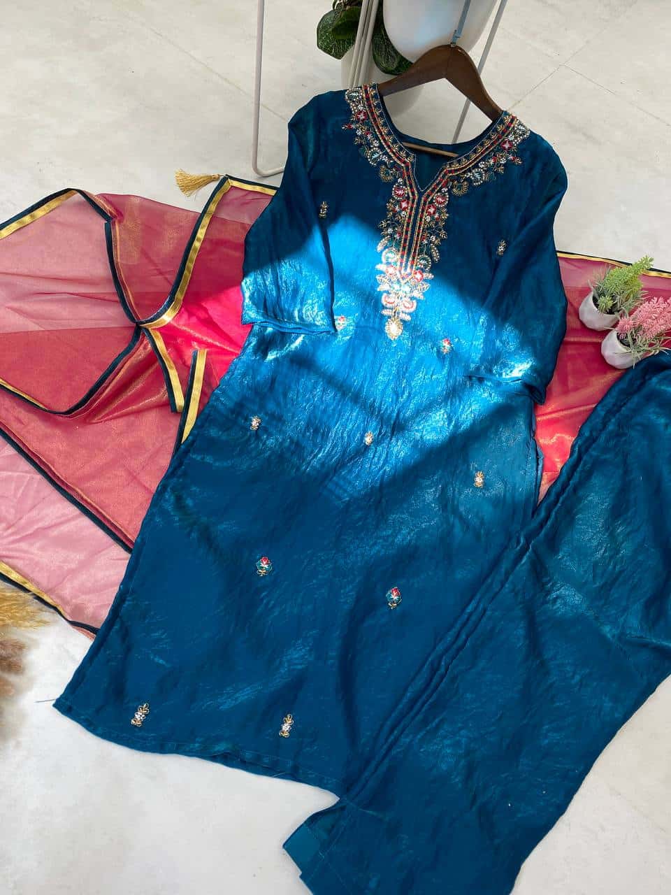 Silk kurta pant with net dupatta sets