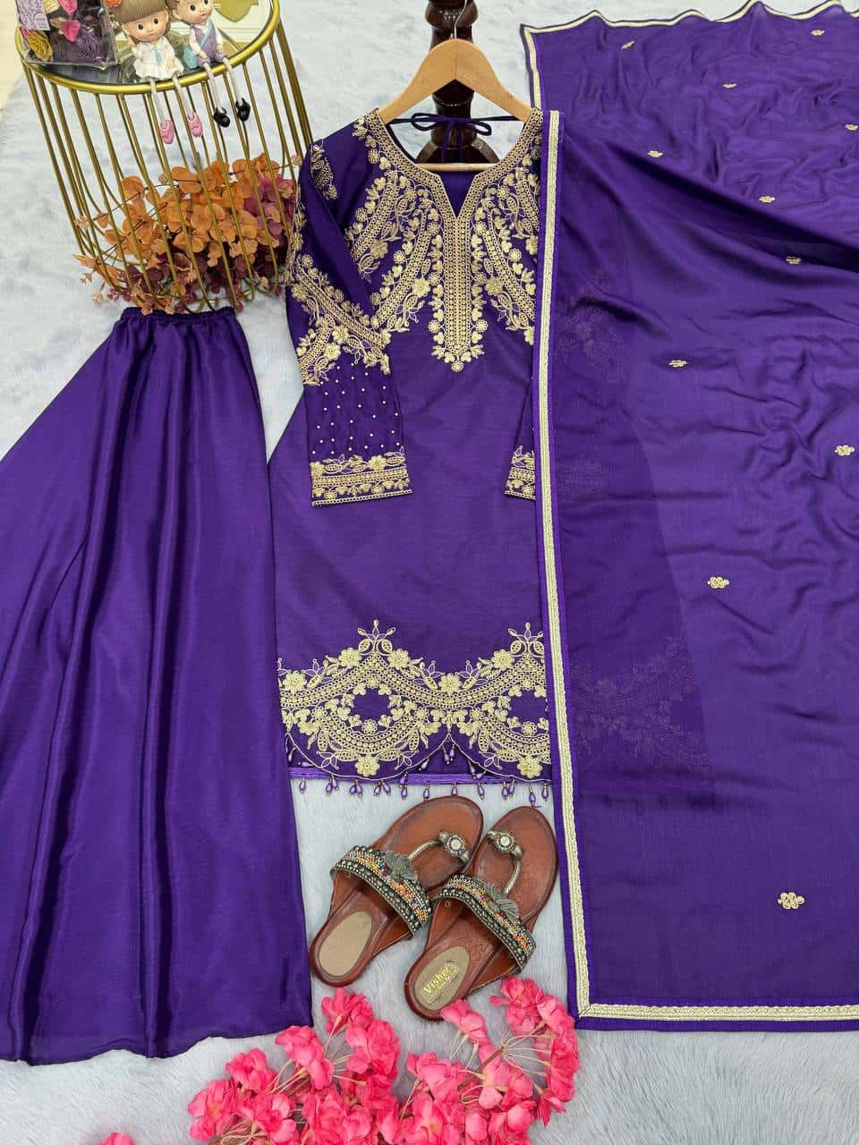 Heavy Chinon Silk with intricate 3mm sequin and coding dori embroidery suits