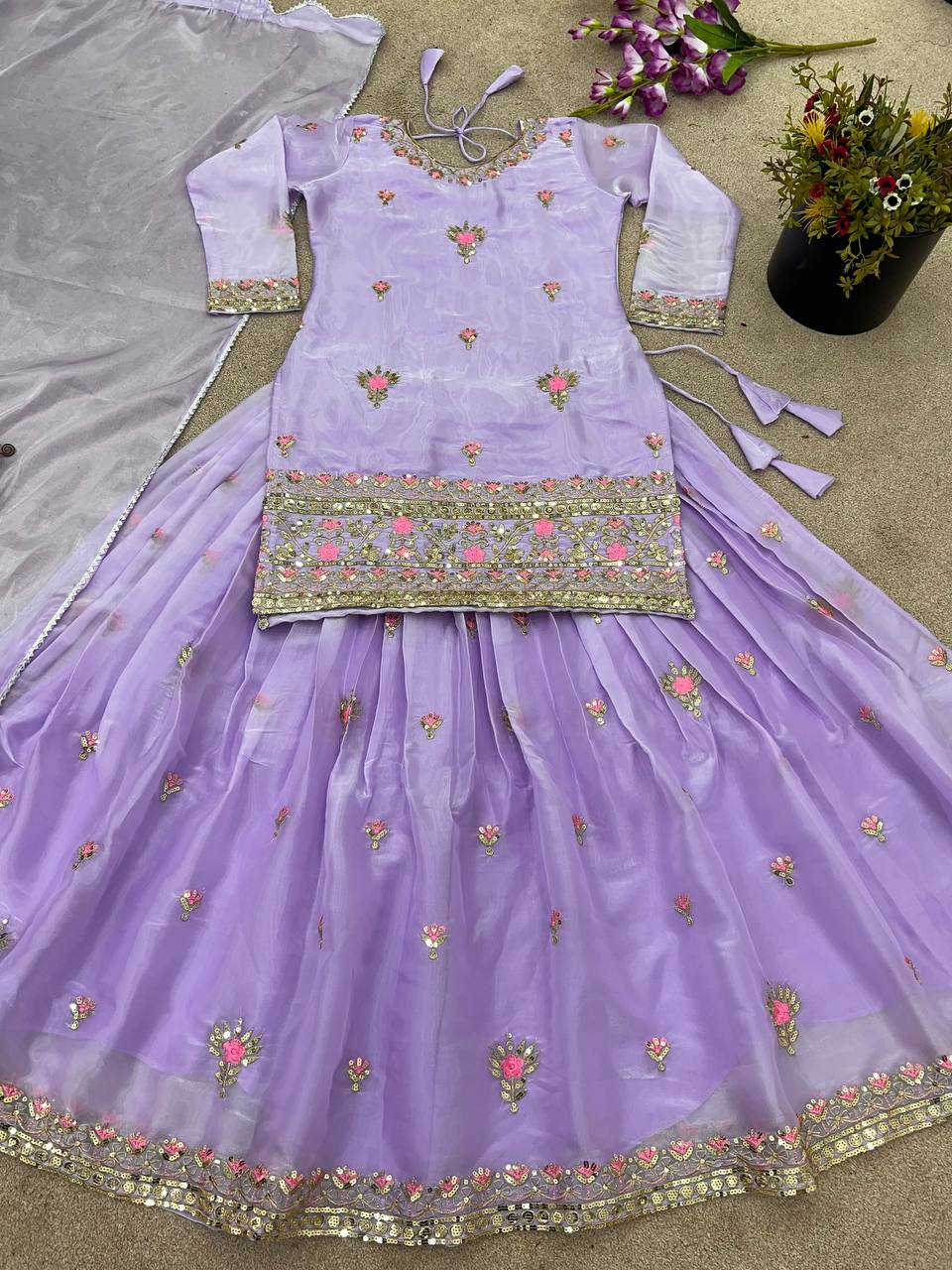 Designer Jimmy Choo Silk Embroidered Lehenga Set with Dupatta