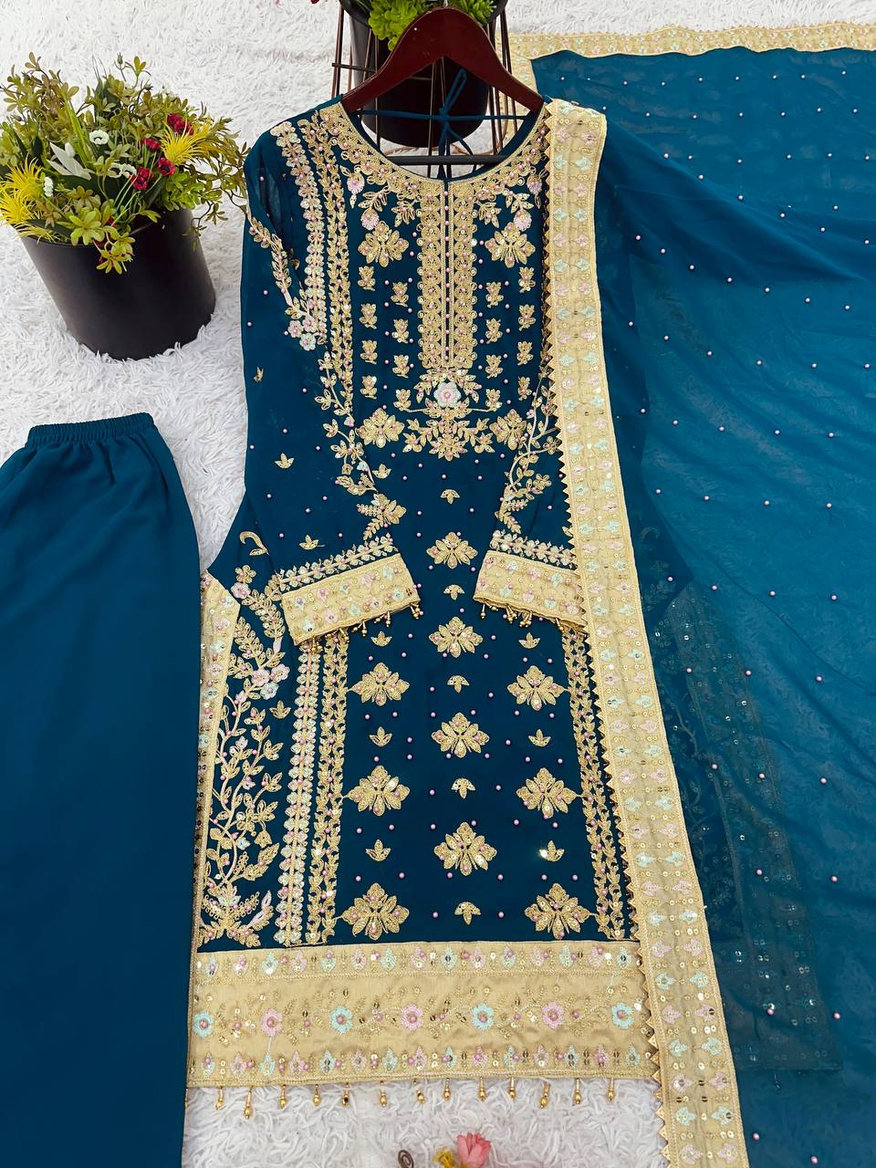 Wedding wear Heavy Georgette Embroidered Top Bottom Set with Dupatta