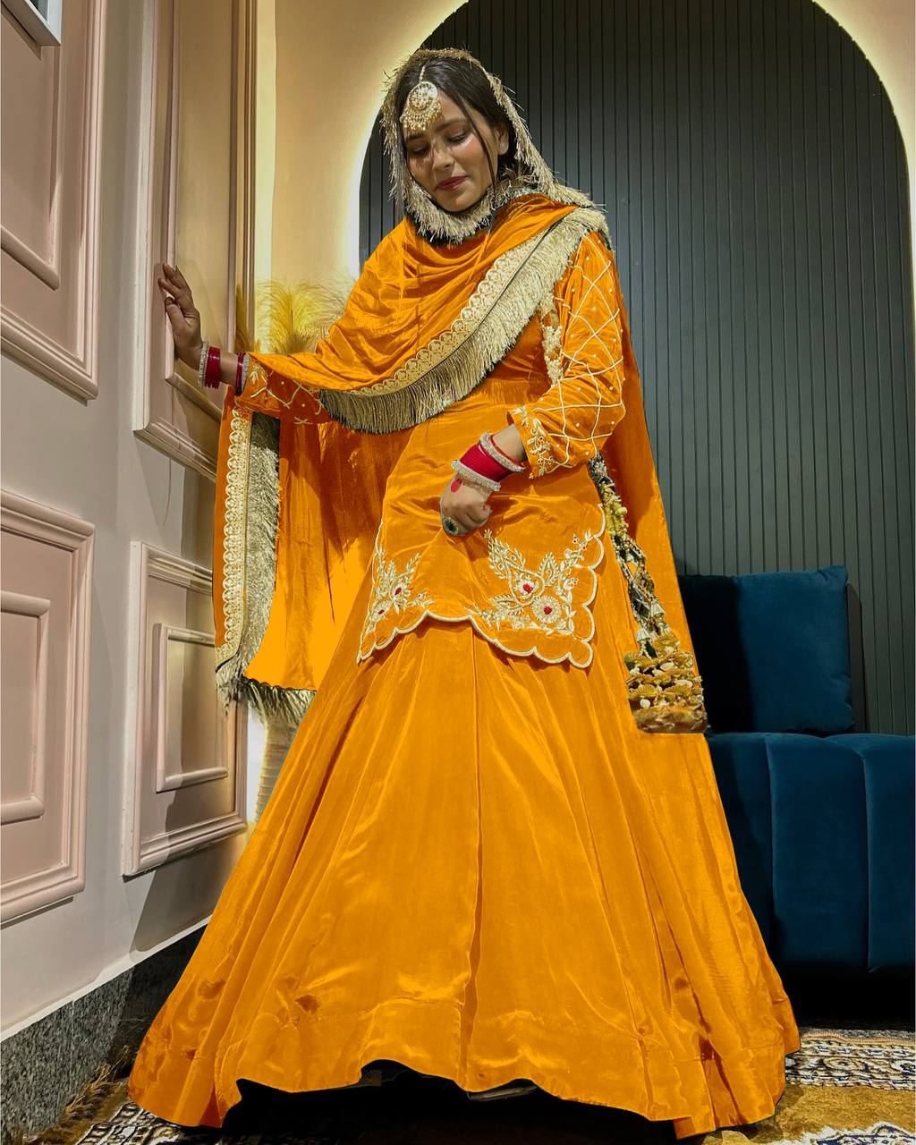 Ready to wear designer Pakistani bride wear Crepe Silk lehenga choli with dupatta set