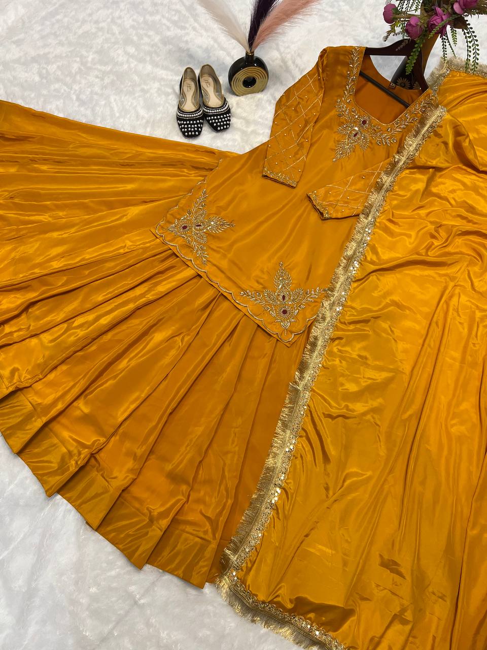 Ready to wear designer Pakistani bride wear Crepe Silk lehenga choli with dupatta set