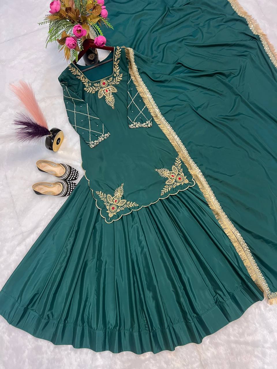 Ready to wear designer Pakistani bride wear Crepe Silk lehenga choli with dupatta set