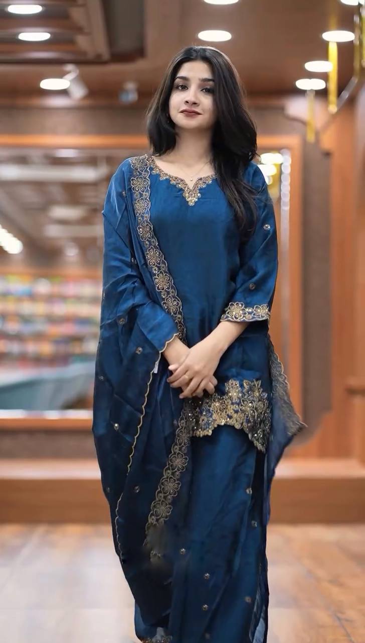 Latest designer silk hand embroidered short kurta palazzo with dupatta sets