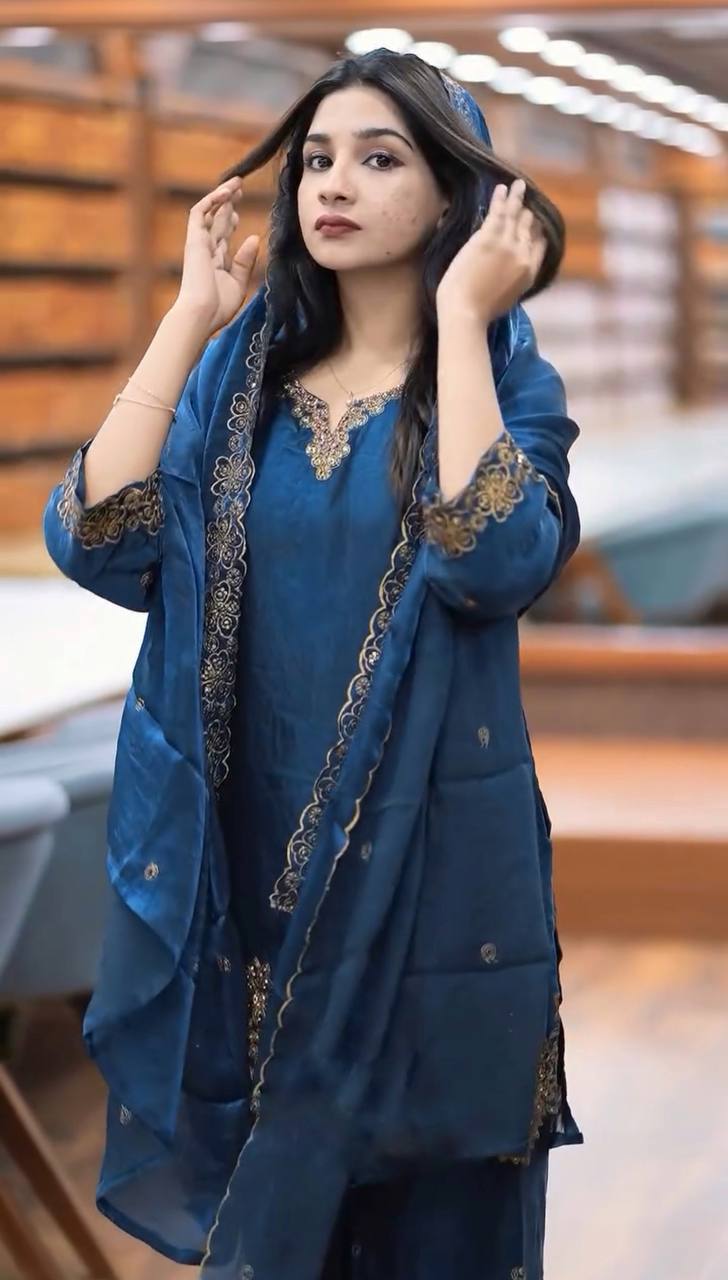 Latest designer silk hand embroidered short kurta palazzo with dupatta sets