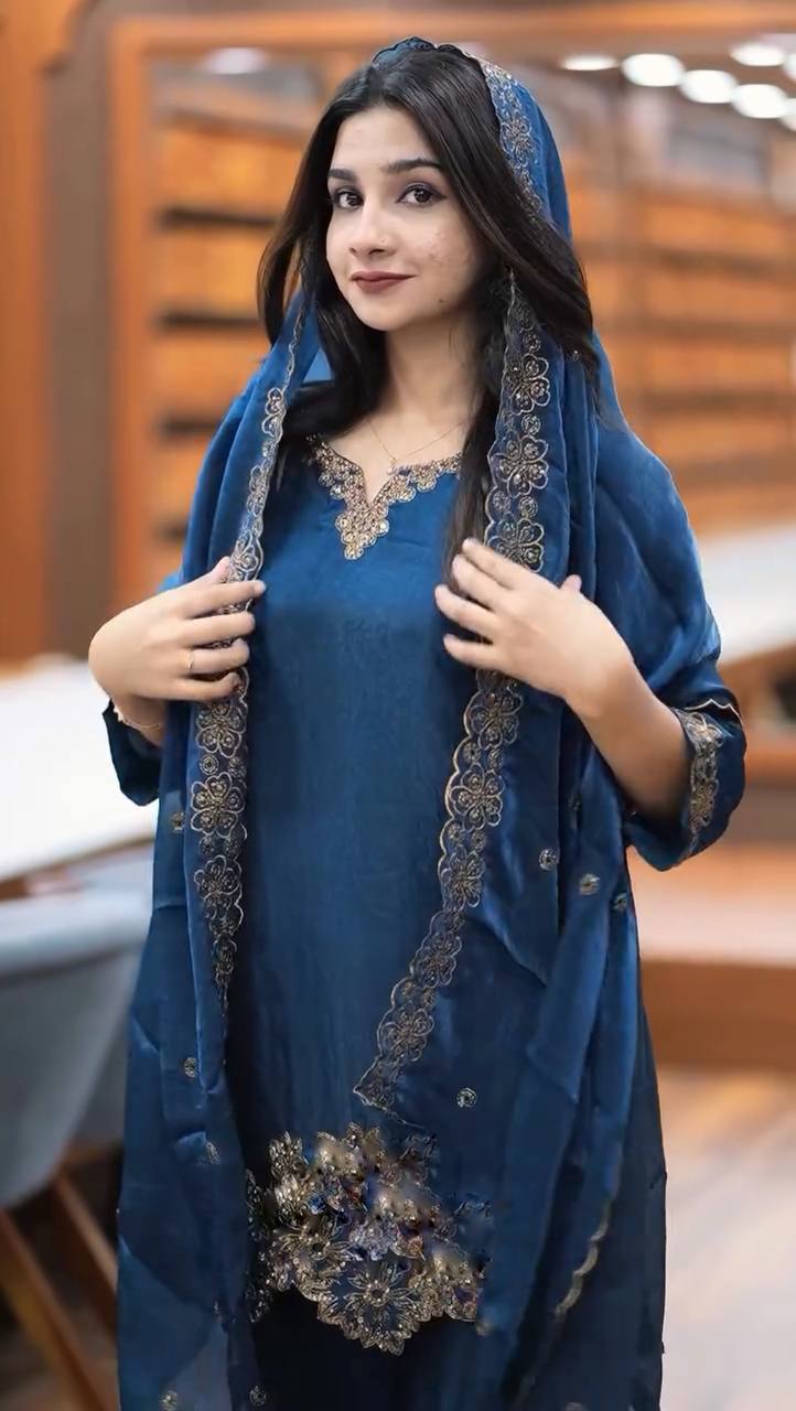 Latest designer silk hand embroidered short kurta palazzo with dupatta sets