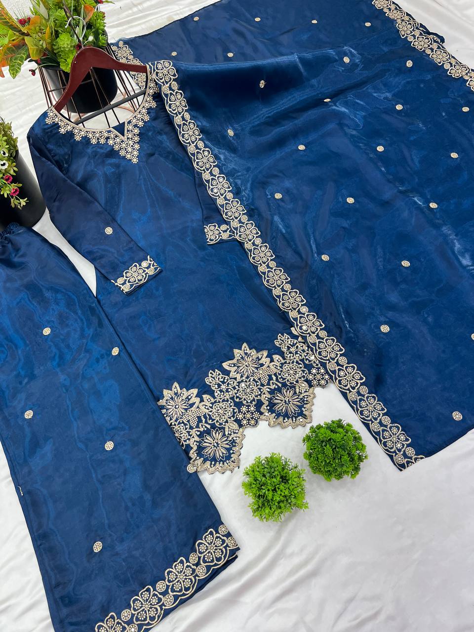 Latest designer silk hand embroidered short kurta palazzo with dupatta sets