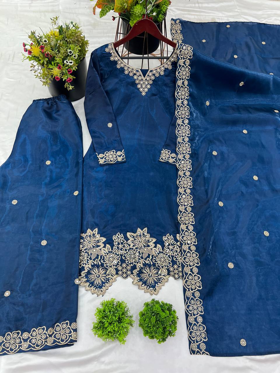 Latest designer silk hand embroidered short kurta palazzo with dupatta sets