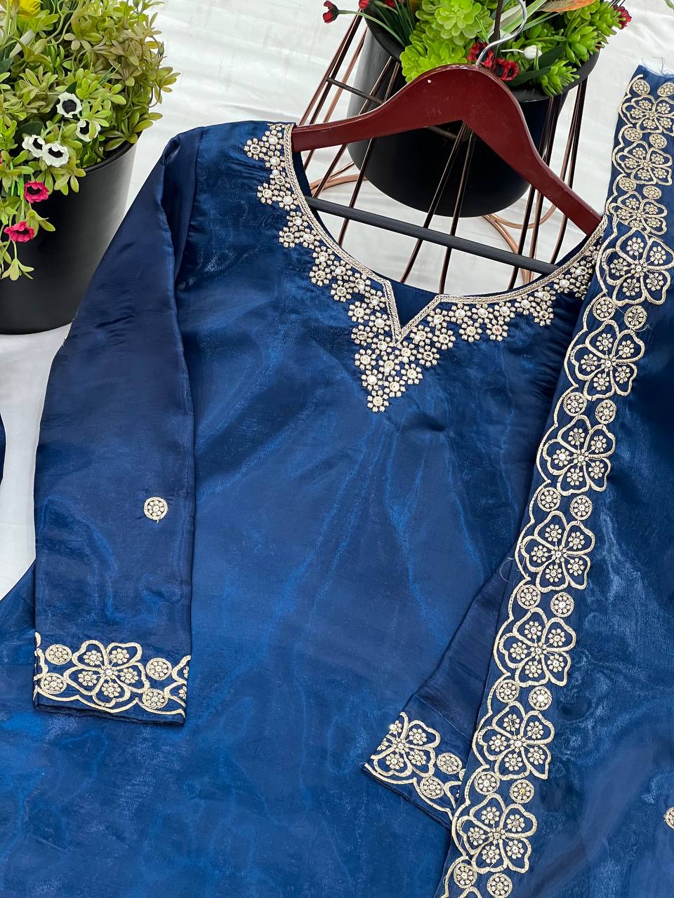 Latest designer silk hand embroidered short kurta palazzo with dupatta sets