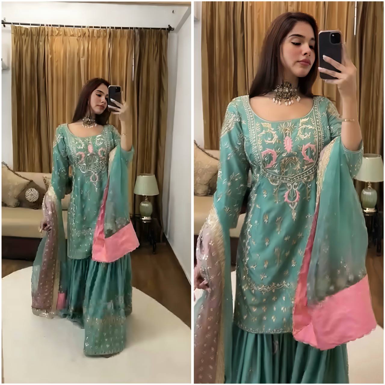 Designer Party Wear Chinnon Silk Top-Sharara Set with Embroidered Dupatta