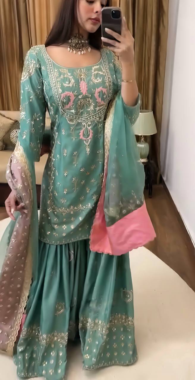 Designer Party Wear Chinnon Silk Top-Sharara Set with Embroidered Dupatta