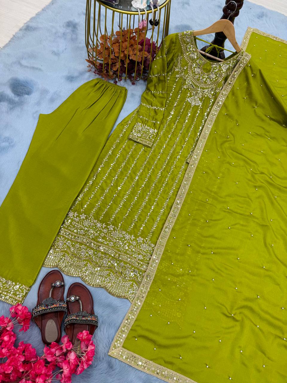 Elegant Embroidered Chinon Silk Suit Set