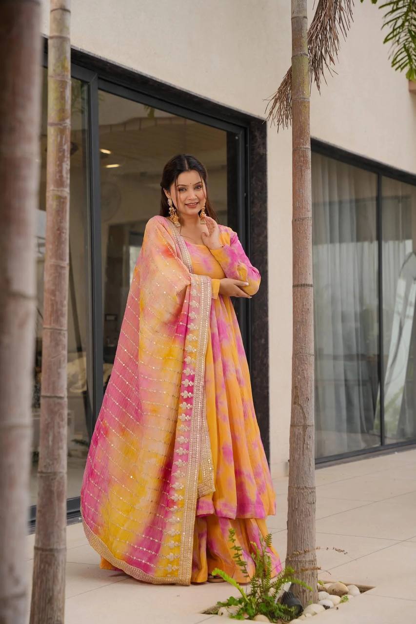 Designer Vichitra Silk Printed Gown with Plazzo & Embroidered Dupatta