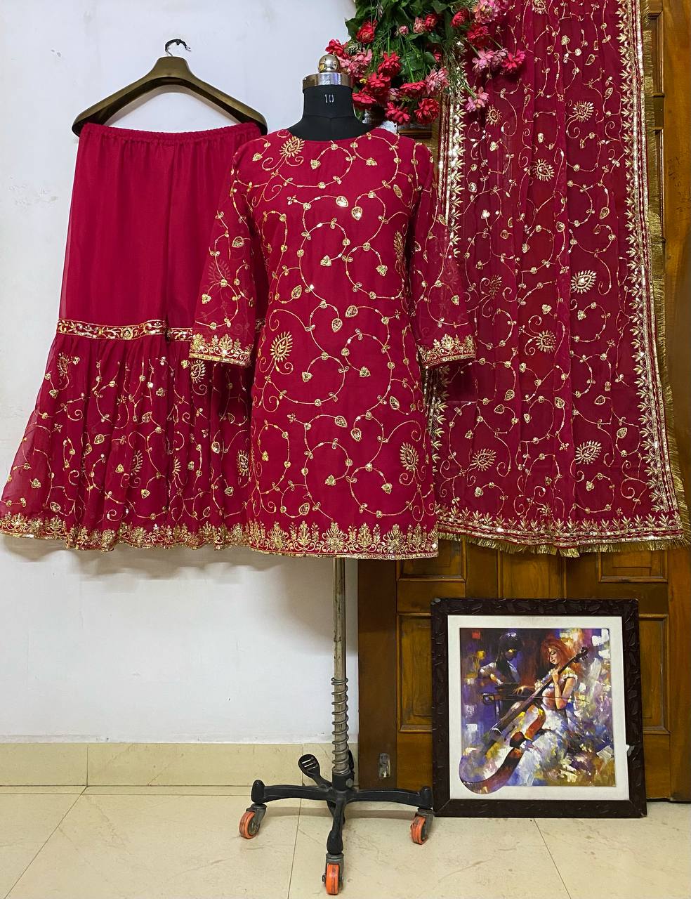 Festival wear Georgette Embroidered Top & Sharara Set with Dupatta