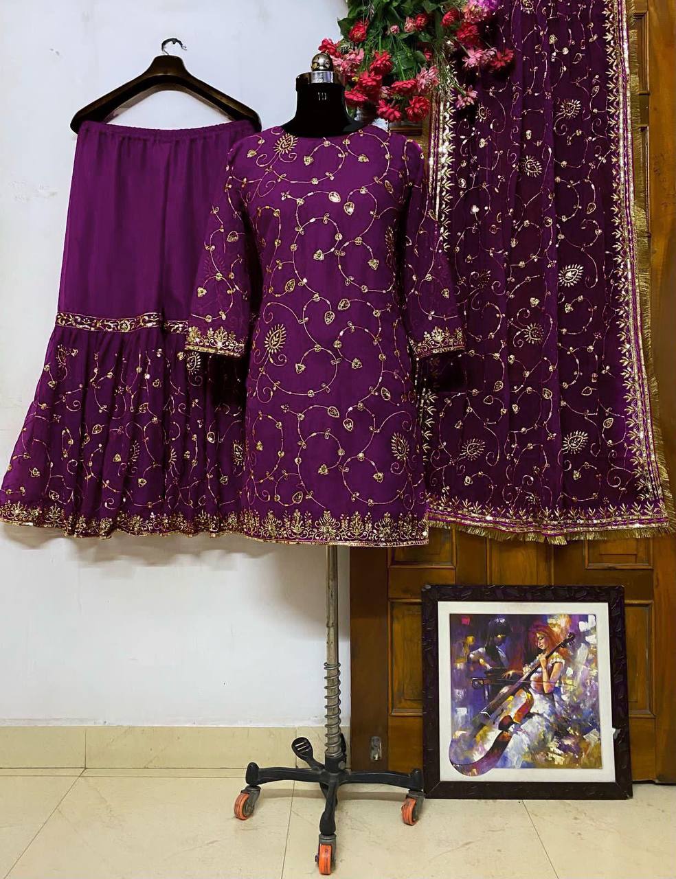 Festival wear Georgette Embroidered Top & Sharara Set with Dupatta