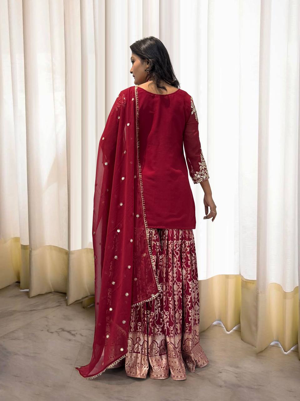 Wedding wear heavy red kurta Jacquard Silk sharara suit sets