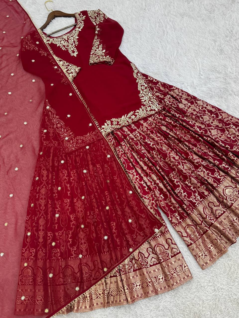 Wedding wear heavy red kurta Jacquard Silk sharara suit sets