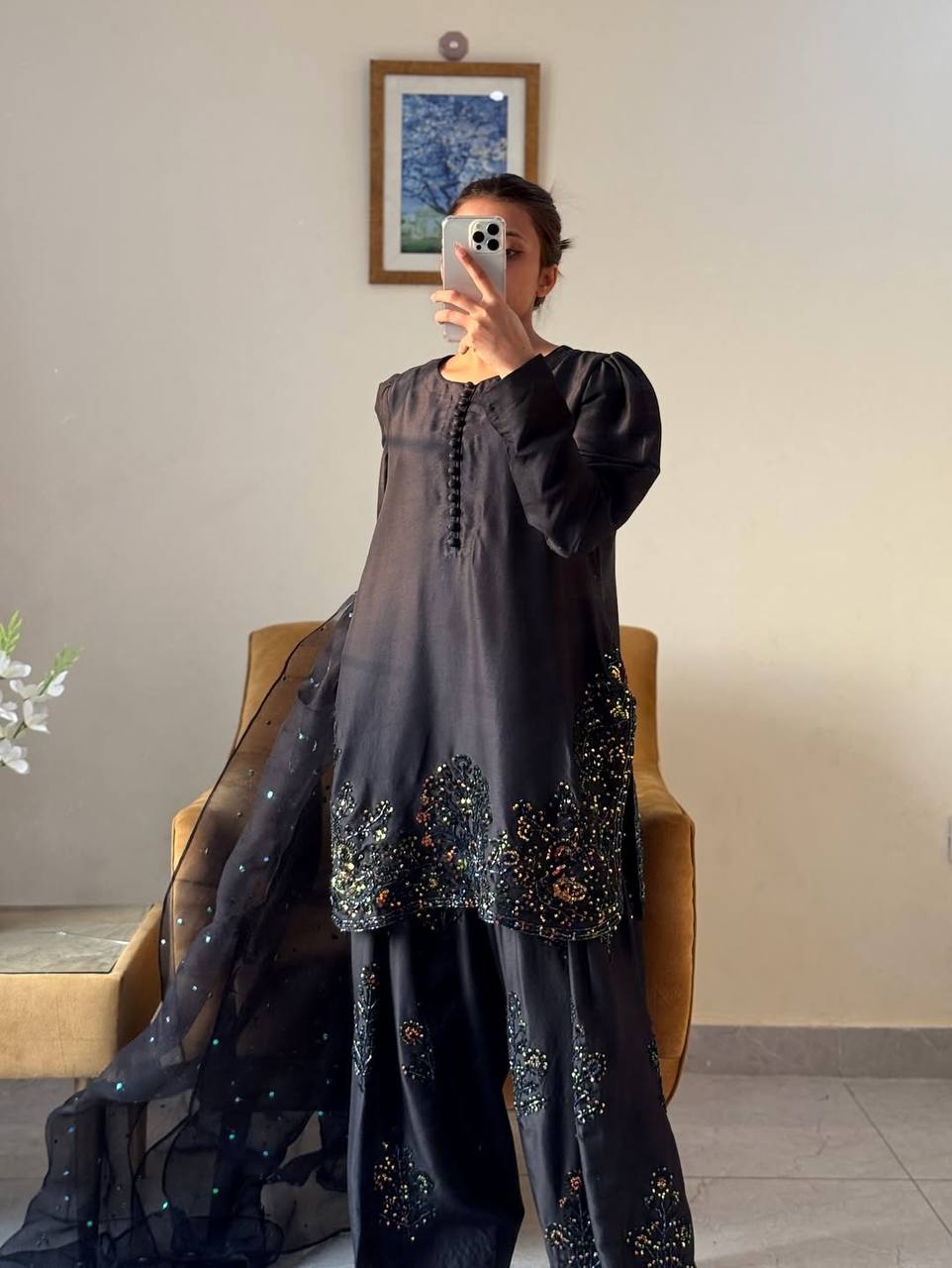 Designer Collection – Natural Crepe Silk Top, Farshi Pant & Dupatta Set