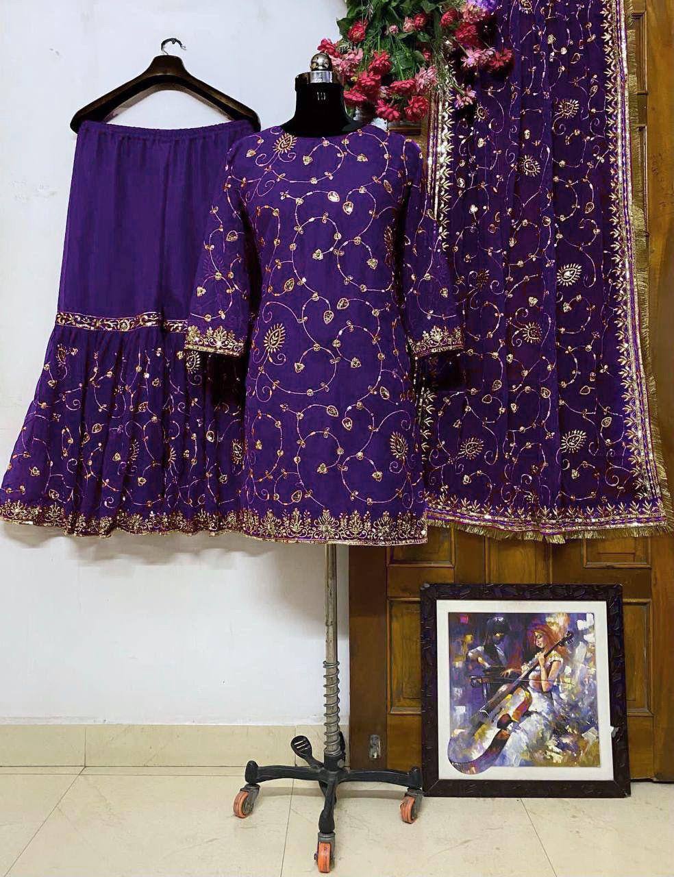 Festival wear Georgette Embroidered Top & Sharara Set with Dupatta
