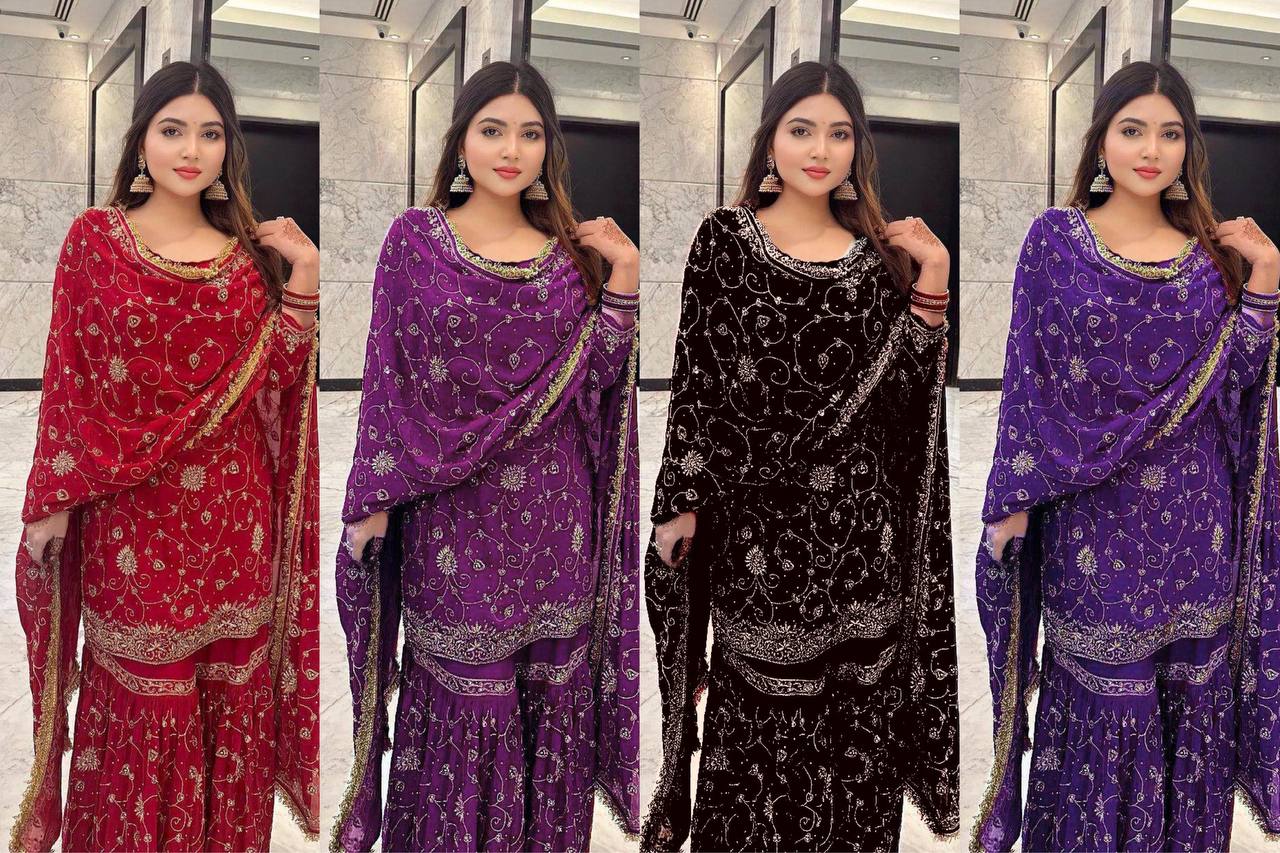 Festival wear Georgette Embroidered Top & Sharara Set with Dupatta