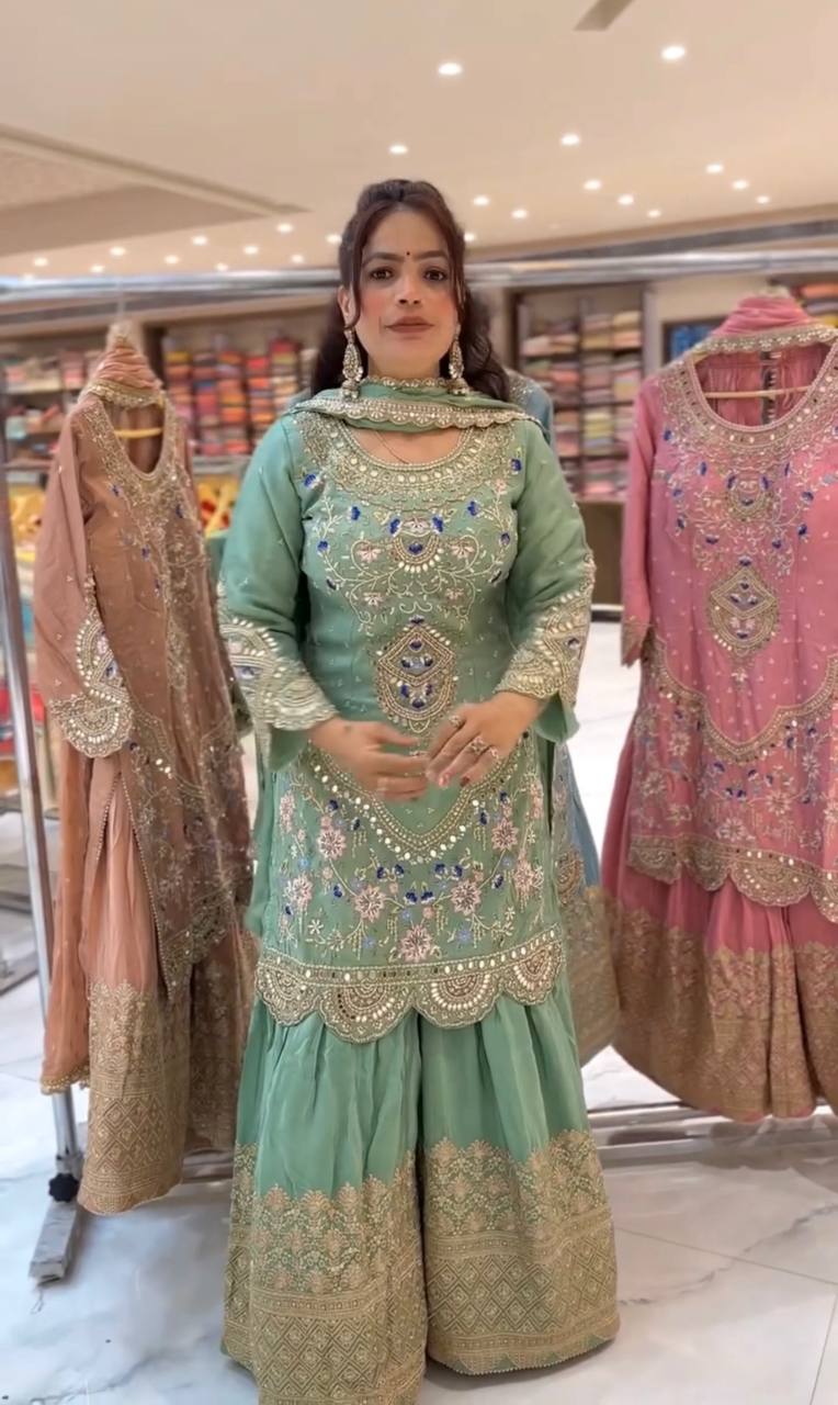 Natural crepe silk kurta sharara with dupatta sets
