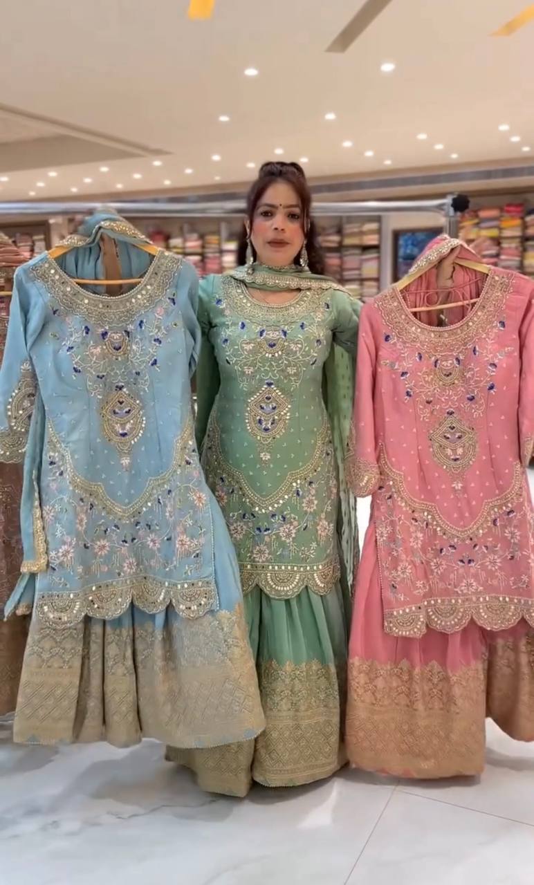 Natural crepe silk kurta sharara with dupatta sets