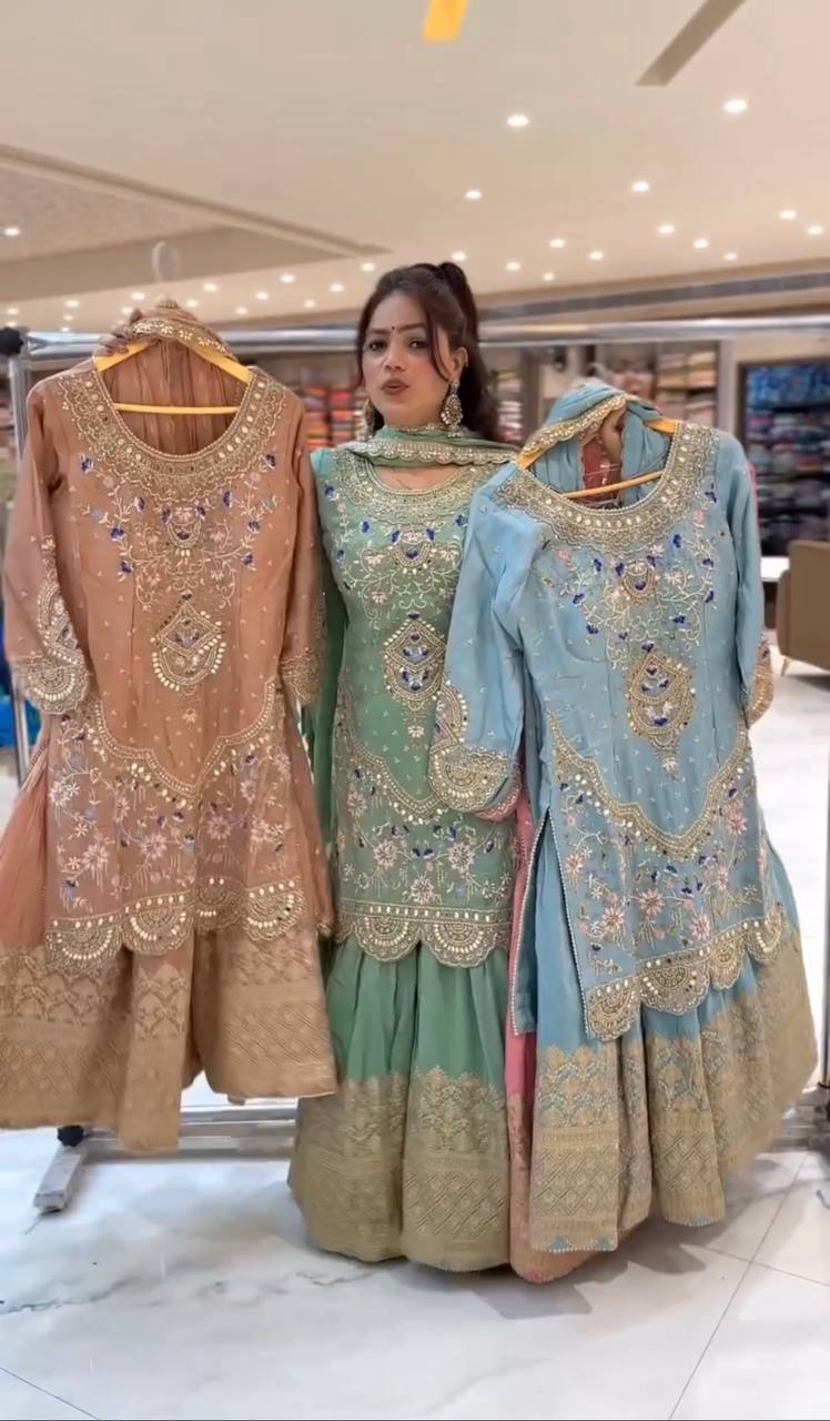 Natural crepe silk kurta sharara with dupatta sets