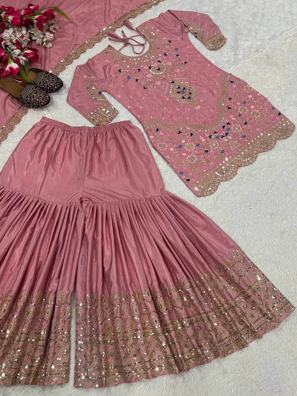 Natural crepe silk kurta sharara with dupatta sets