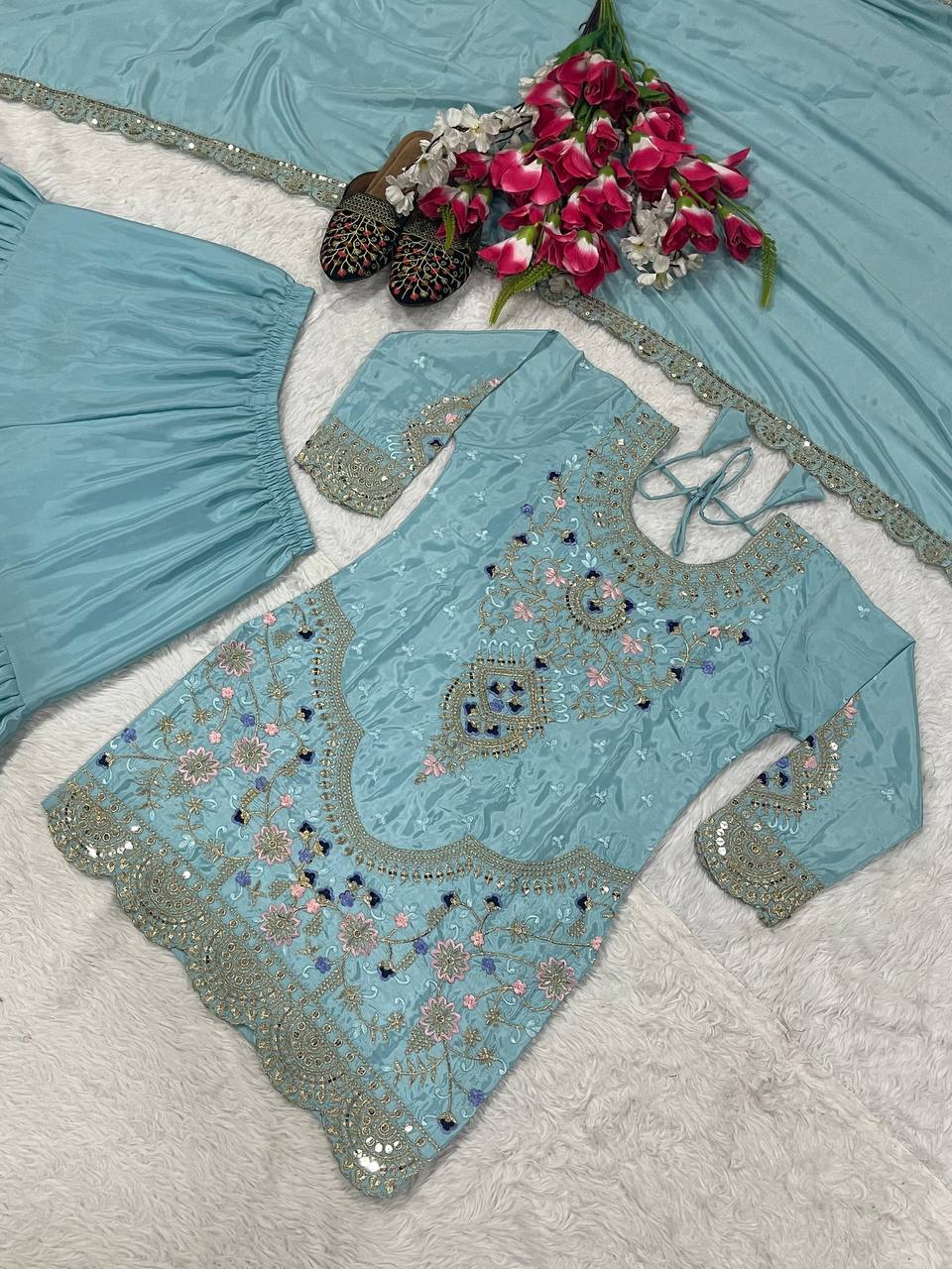 Natural crepe silk kurta sharara with dupatta sets