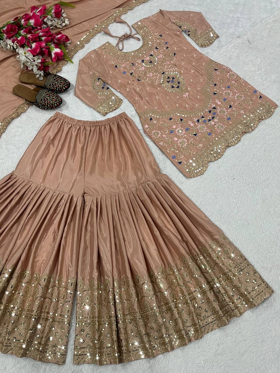 Natural crepe silk kurta sharara with dupatta sets