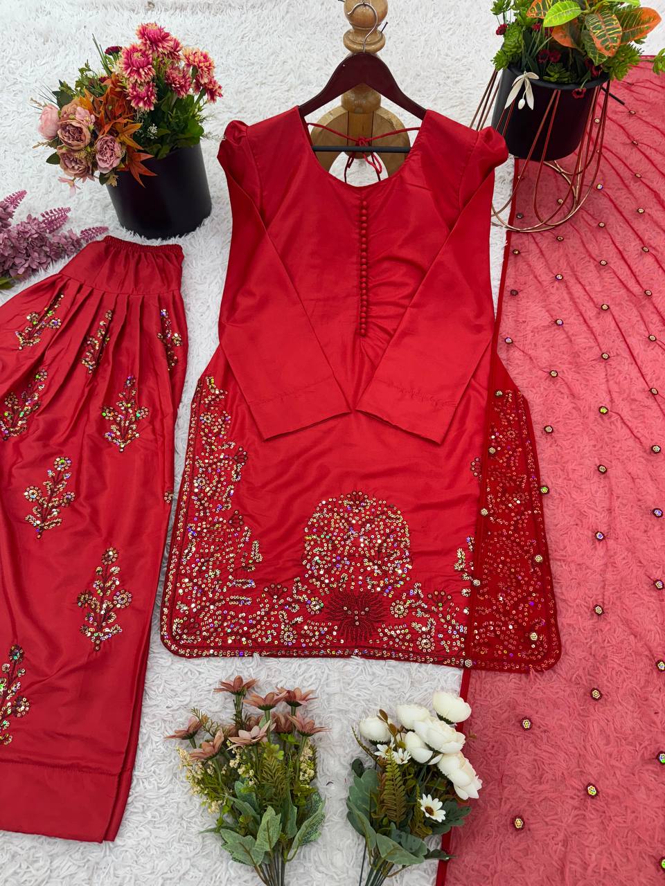 Designer Collection – Natural Crepe Silk Top, Farshi Pant & Dupatta Set
