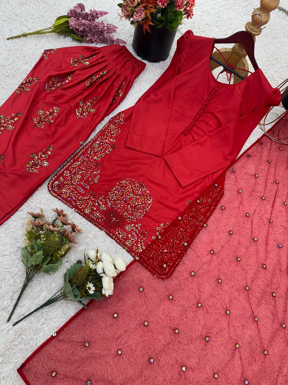 Designer Collection – Natural Crepe Silk Top, Farshi Pant & Dupatta Set