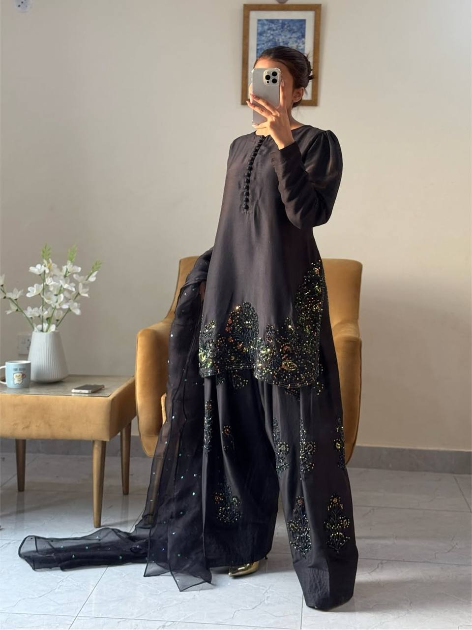 Designer Collection – Natural Crepe Silk Top, Farshi Pant & Dupatta Set