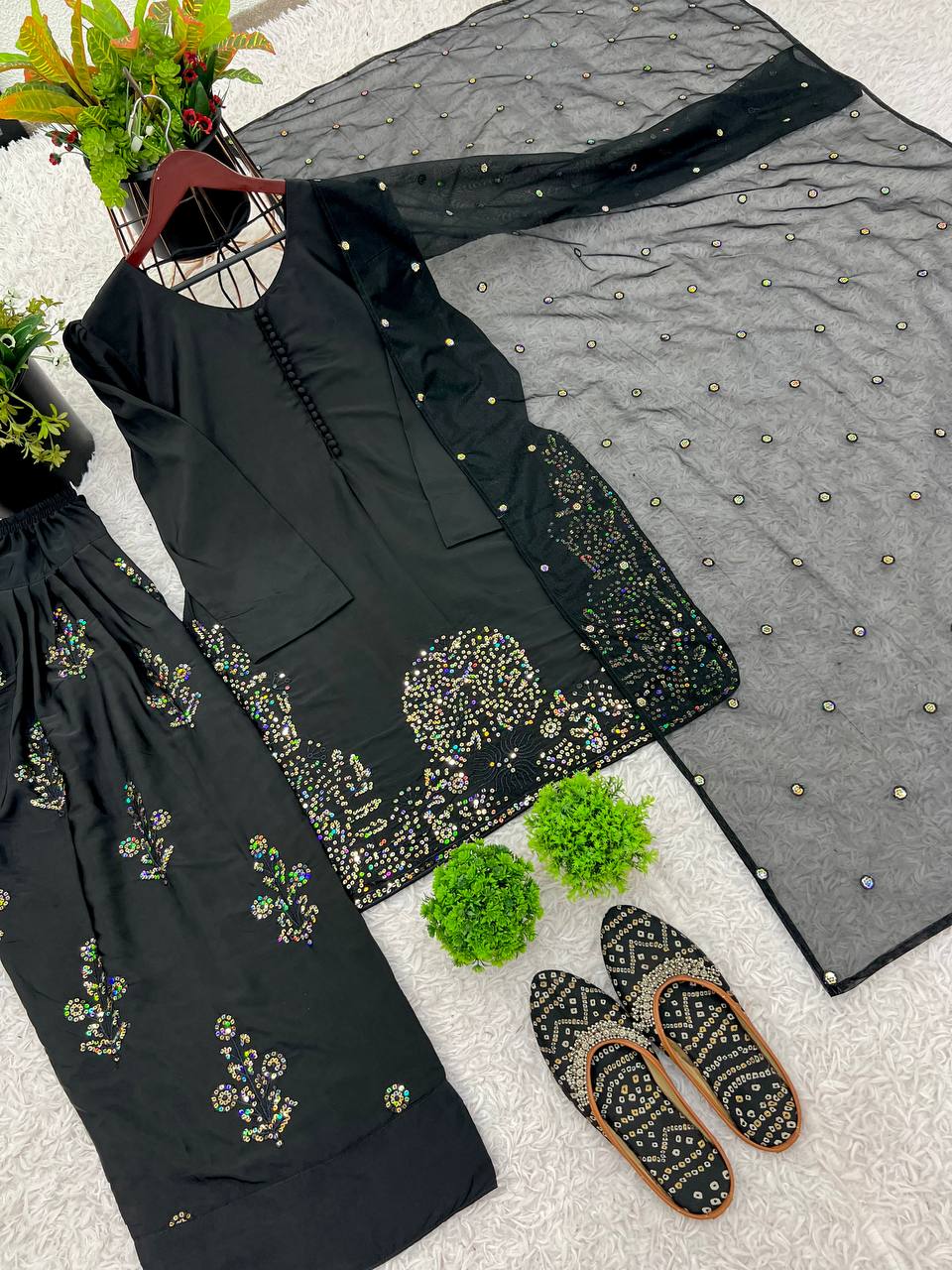 Designer Collection – Natural Crepe Silk Top, Farshi Pant & Dupatta Set