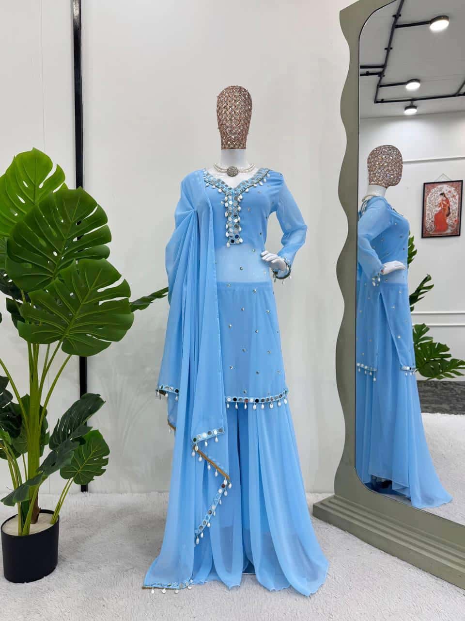 Faux Georgette Threadwork Kurta Pant with Dupatta