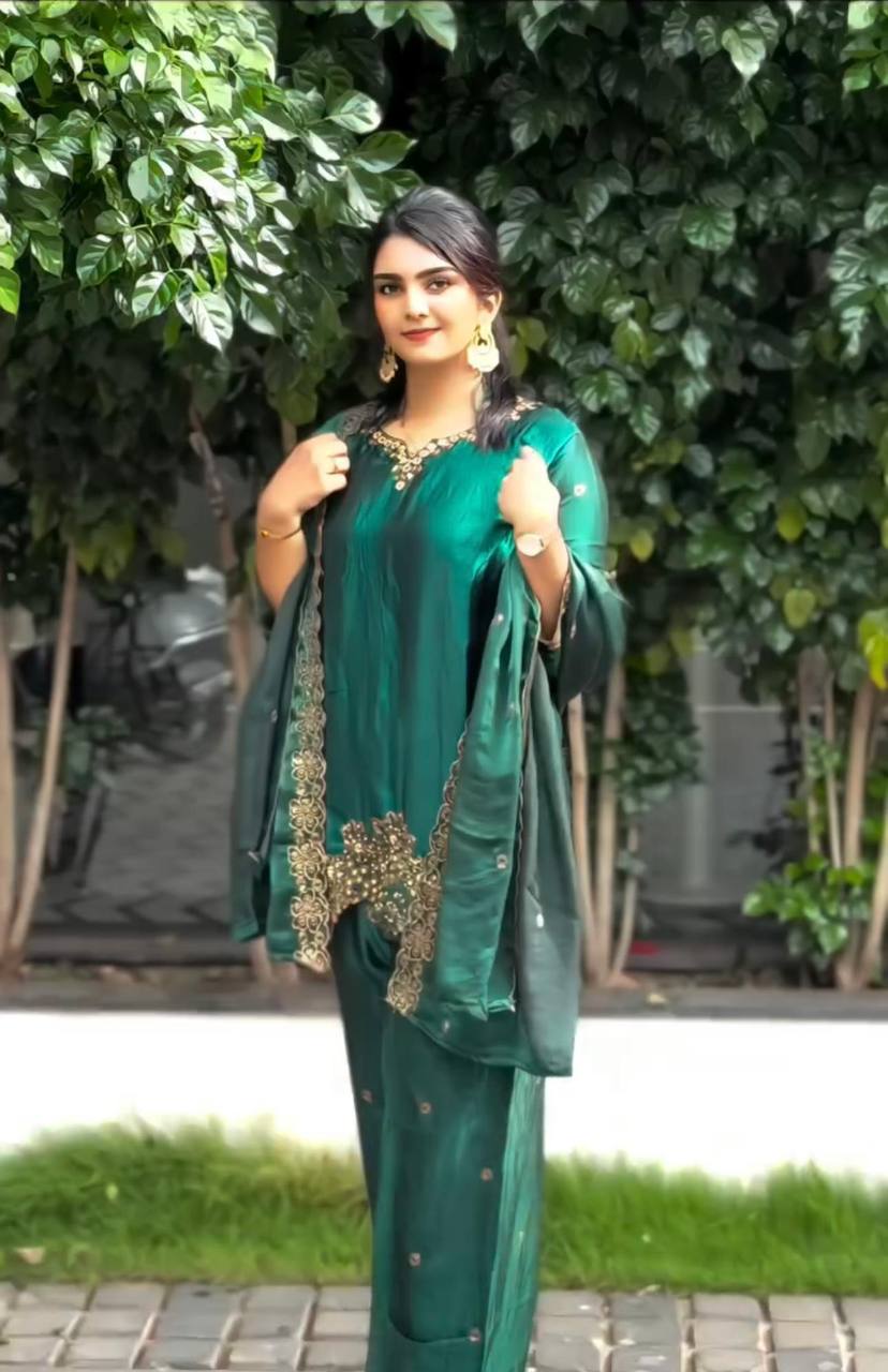 Latest designer silk hand embroidered short kurta palazzo with dupatta sets