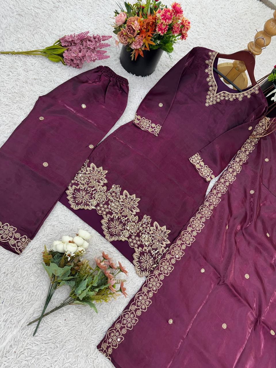 Latest designer silk hand embroidered short kurta palazzo with dupatta sets