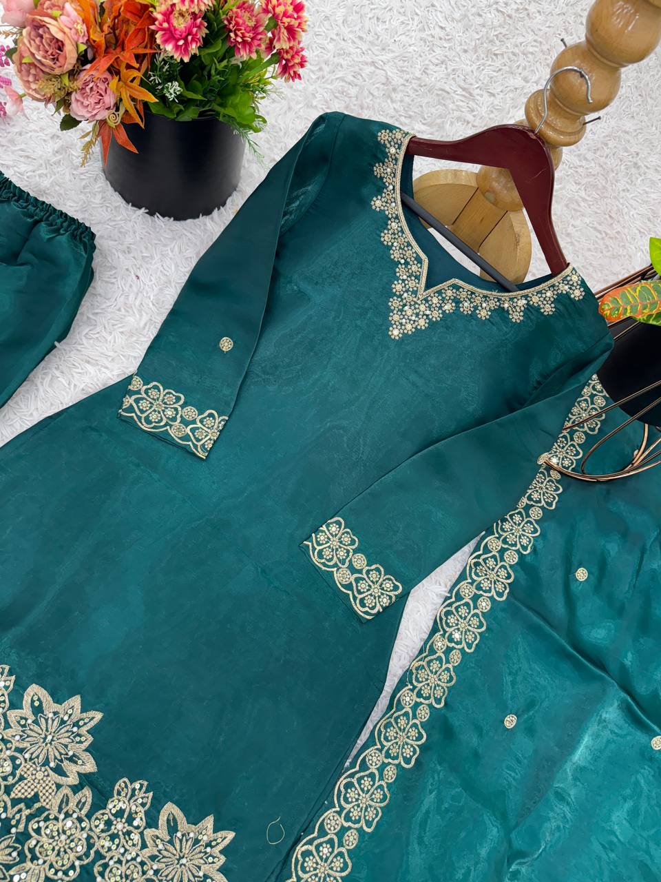 Latest designer silk hand embroidered short kurta palazzo with dupatta sets