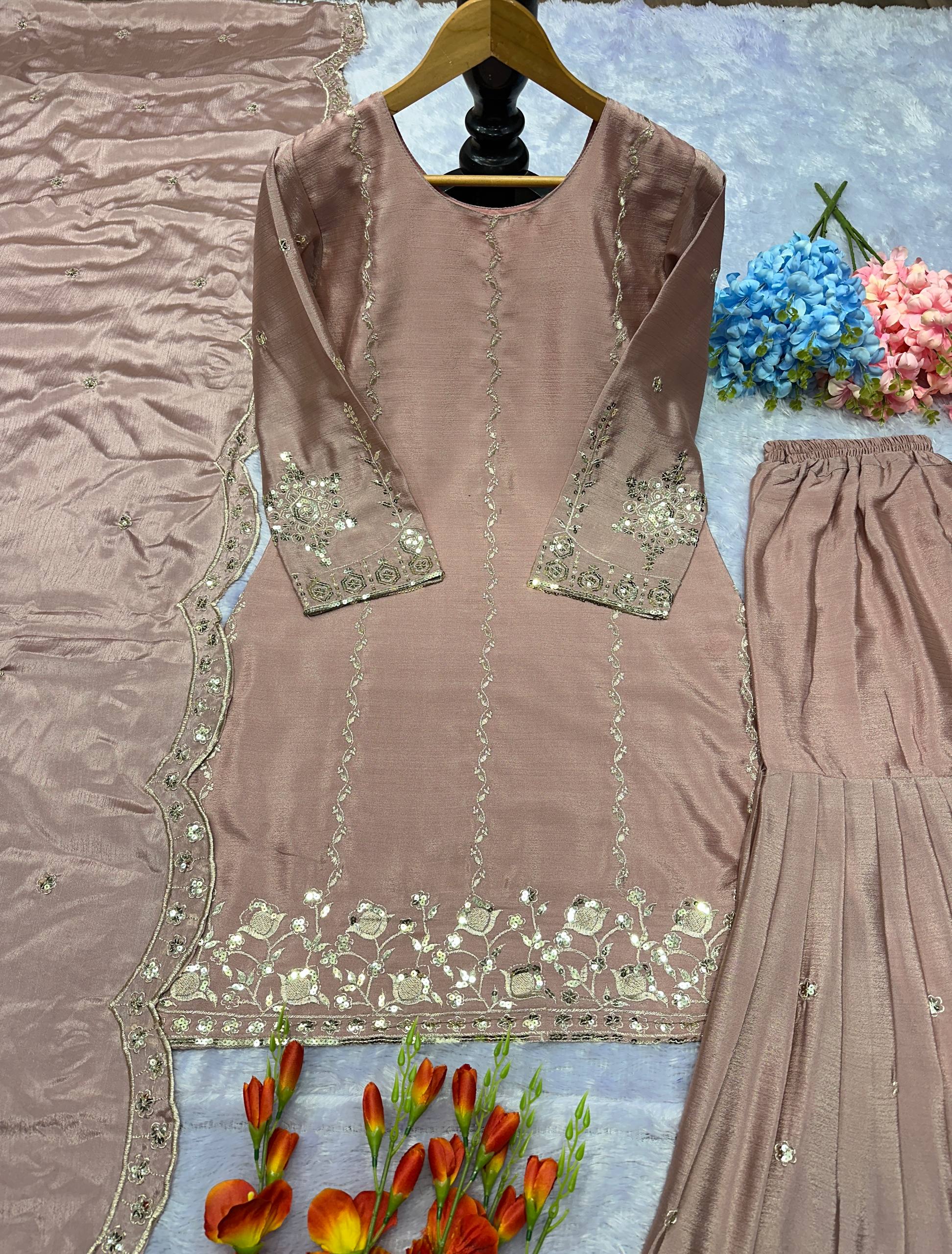 Heavy Chinon Silk Embroidered Top & Sharara Set with Dupatta
