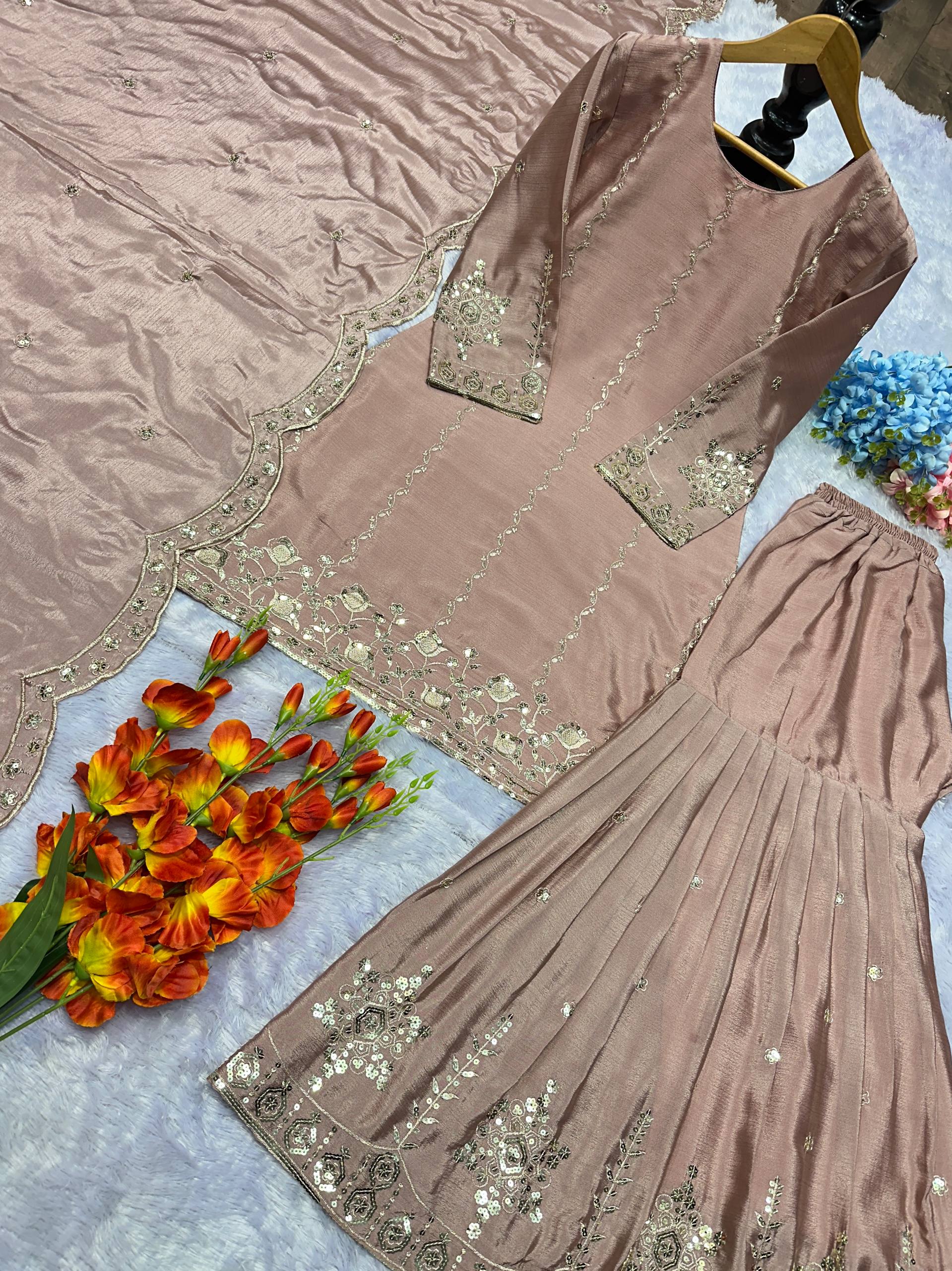 Heavy Chinon Silk Embroidered Top & Sharara Set with Dupatta