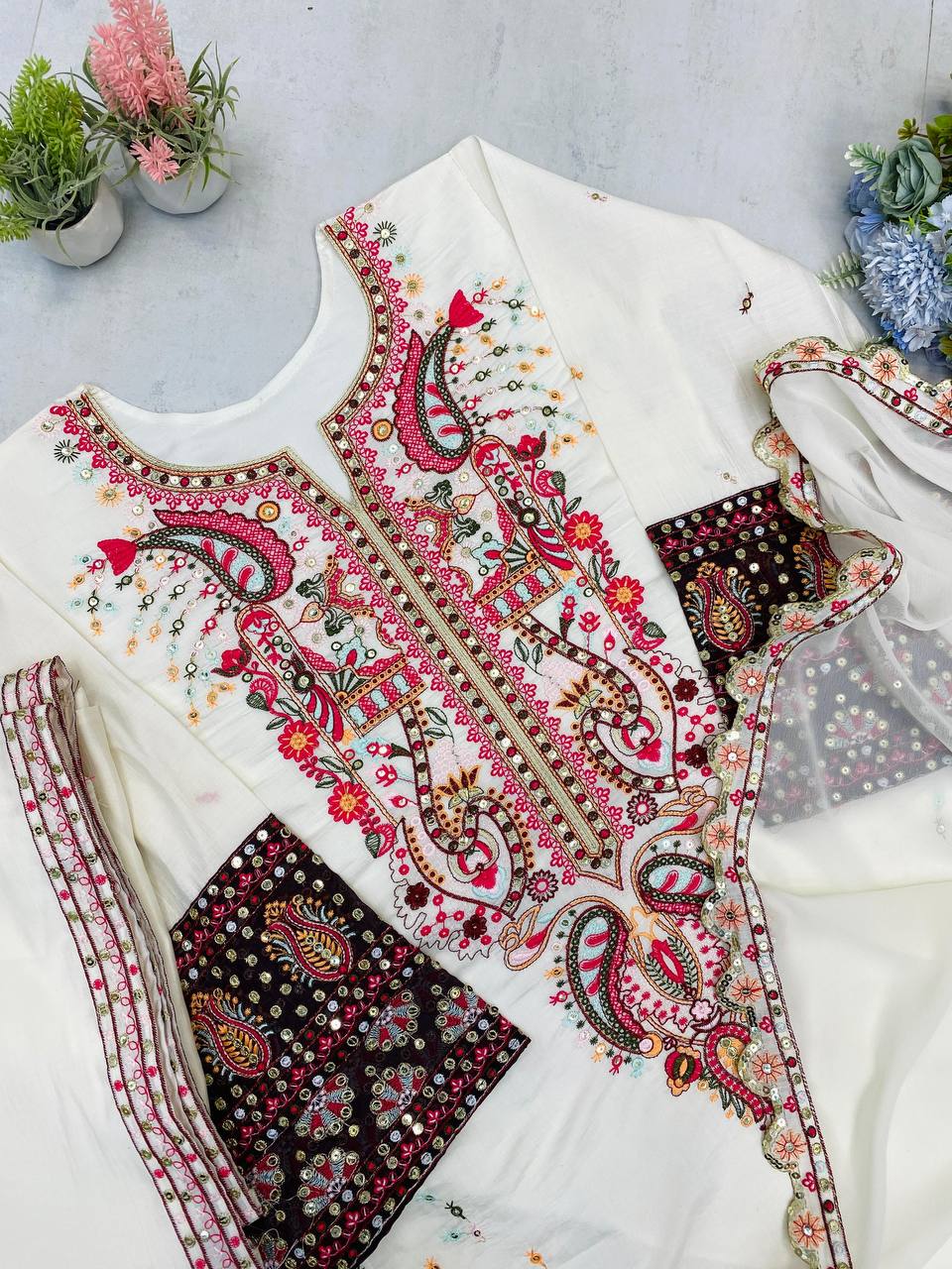 Pakistani Roman Silk Palazzo Set with Embroidered georgette Dupatta